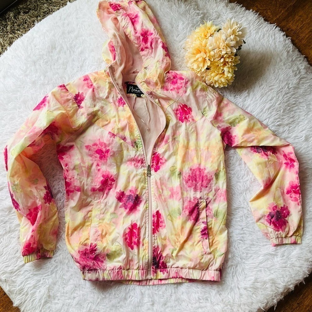 Nanette Lepore Cream Floral Hooded Bomber Jacket with Pink Blooms